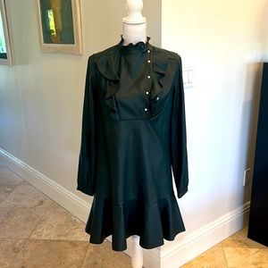 BCBG hunter green faux leather mid dress . Button top. Pleated bottom